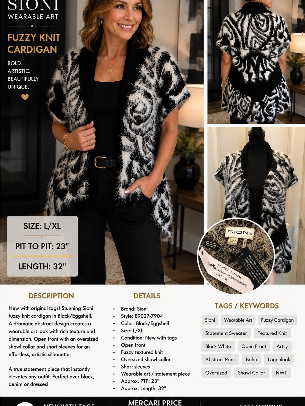 NWT Sioni Black Eggshell Fuzzy Knit Wearable Art Cardigan L/XL